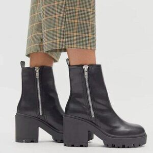 Urban Outfitters UO Zip Up Chunky Boots Black Vegan Leather Platform New Size 8